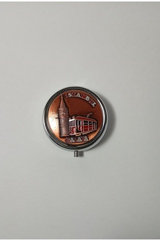 Mini Taşınabilir Cep Küllüğü Bakır Rengi - Çanta Küllüğü 5cm - İstanbul Galata Desenli Kapaklı Metal Mini Kül Tabağı