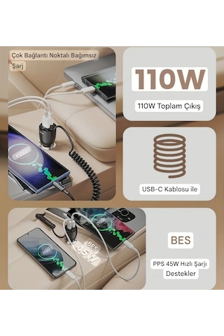 Toocki 110w Yaylı Şarj Kablolu 3 Girişli Type-c Ve Usb Hızlı