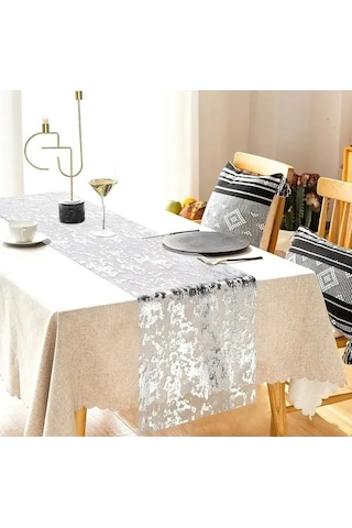 Pazly Lüks Altın Desen Masa Örtüsü Şeridi - 28x270cm, Dıy Dekor Gümüş, Dayanıklı, Şık Dekorasyon Gümüş