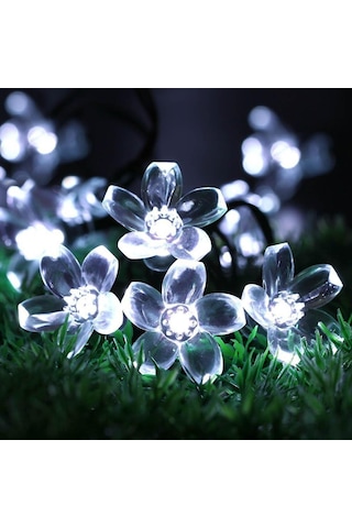 Güneş Enerjili Silikon Çiçekli Beyaz Renkli Dekoratif Bahçe Ve Balkon Süsleme Led Işıklar Beyaz