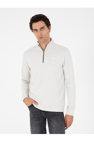 Ekru Regular Fit Pamuk Karışımlı Yarım Fermuarlı Sweatshirt Bej