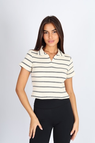 Soft&Basic Polo Yaka Raporlu Ekru Jakar Crop Fit T-shirt Ekru