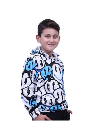 Fyk Kids Gülen Yüz Desenli Kapşonlu Unisex Sweatshirt Mavi