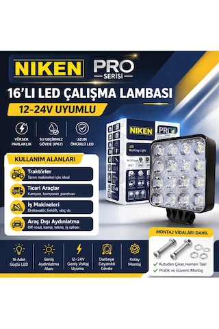 16 Ledli Kare Çalışma Lambası 12v-24v Uyumlu-montaj Aparatlı-yerli Üretim Türk Malı 9/48v Proseries