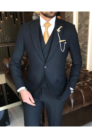 İtalyan stil slim fit erkek ceket yelek pantolon takım elbise lacivert T9134-Lacivert