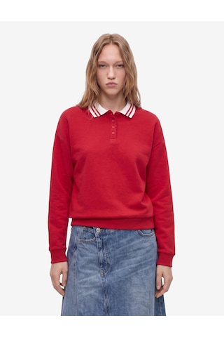 Koton Rahat Kalıp Düğmeli Uzun Kollu Çizgili Polo Yaka Sweatshirt Kırmızı 7wal10212ık