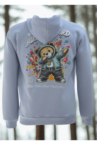 Feydi Unisex İçi Polarlı Kapüşonlu Sweatshirt Hustle Gard Baskılı Açık Mavi