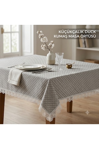 Küçükçalık Duck Kumaş Çiçeksi Gri Desenli Dantelli Masa Örtüsü
