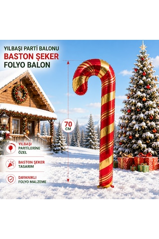 Vıp 2 Adet 70 Cm Kırmızı Gold Baston Şeker Folyo Balon Gold Kırmızı Baston Şeker Yılbaşı Balonu