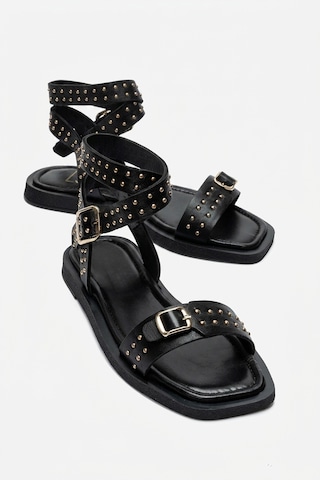 Luvishoes Carril Siyah Hakiki Deri Troklu Kadın Sandalet Siyah