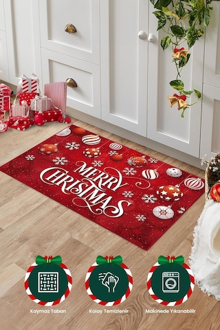 Brillahome Yılbaşı Desenli Kırmızı Kapı Önü Paspası, Yılbaşı Kapı Paspası 45x70cm Kırmızı