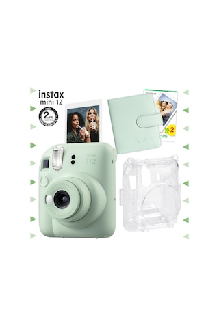 Fujifilm Instax Mini 12 Fotoğraf Makinesi + 20'lu Film + Kare Albüm + Şeffaf Kılıf Seti Yeşil
