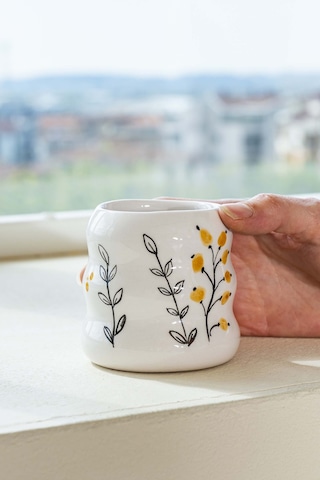 Rivaistanbul Sarı Çiçekler Amore El Yapımı Seramik Double Kahve Bardağı Mug Kupa Krem