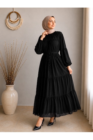 Efulim Womens İpli - Astarlı Salaş Şifon Tesettür Elbise Siyah