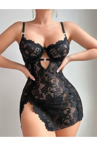 İkikareshop Siyah Full Dantel İşlemeli İnce Askılı Yırtmaçlı Likralı Fantezi Gecelik Çok Renkli