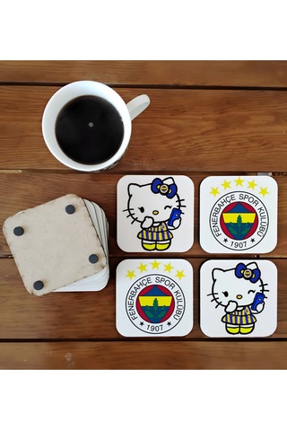 Fenerbahçe Hello Kitty Dekoratif Ahşap Bardak Altlığı Seti 022 Çok Renkli
