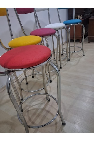 Sandalye 90678 Yüksek Bar Tabure Renkli 5 Adet Metal Çelik Nikelaj Suni Deri Döşeme Pembe
