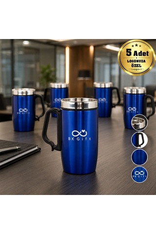 Logonuza Özel 5 Adet 5304 Çelik Kupa 240 Ml Kilitli Kapaklı Kurumsal Termos Mug Mavi