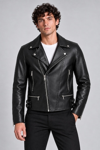Maison Rae Erkek Siyah Slim Fit Biker Deri Ceket Çapraz Fermuarlı, Çok Cepli, Kemer Tokalı