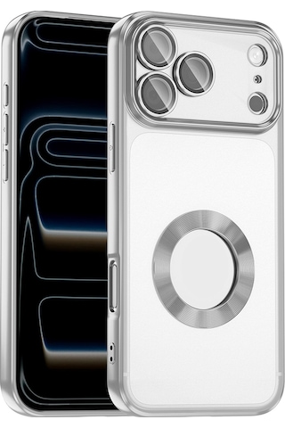 Apple Uyumlu iPhone 17 Pro Max Kılıf Kamera Korumalı Logo Gösteren Zore Omega Kapak - Gümüş Gümüş