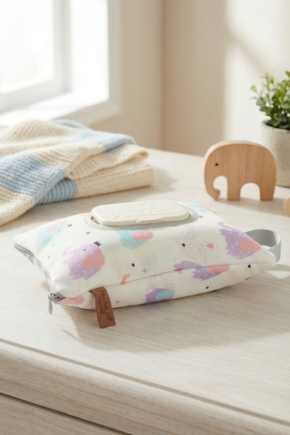 Askılı Taşınabilir Anne Bebek Fermuarlı Islak Mendil Kılıfı Bebek Arabası Beşik Kenarı Çanta Elephnt Beyaz