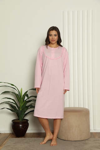 Yasar Underwear Kadın Uzun Kollu Dantel Detaylı Rahat Kesim %100 Pamuk Gecelik Açık Pembe Açık Pembe