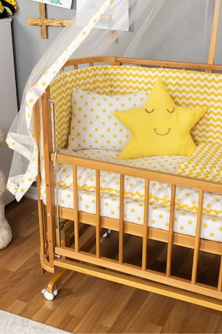 Ahşap Beşik Anne Yanı Beşik Doğal Vernikli 60x120 Sarı Yıldız Uyku Seti Yatak Tekerlekli Ahşap