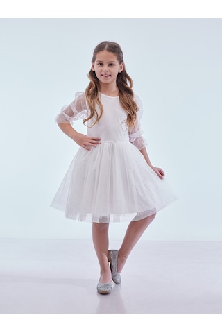 Ahengim Kız Çocuk Yıldız Baskılı Trend Tül Elbise Ak2246 Beyaz