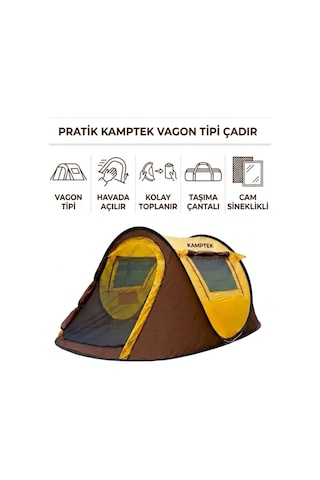 Pratik Pop-up Kamp Çadırı - 3 Kişilik Otomatik Kurulum, Su Geçirmez & Sinekli Korumalı 220 120 90 Cm Sarı