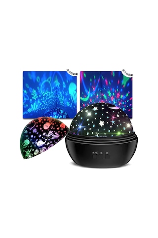 Vkemall Siyah Usb Led Star Projeksiyon Lambası - 360 Döner, 8 Renkli Işık, Konfor Işığı, Odalar İçin Romantik Ambiyans Aydınlatması Siyah