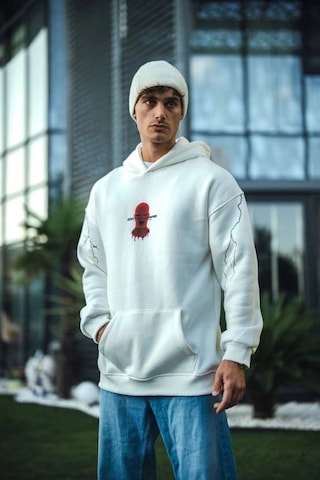 Vexor Üç İplik Kapşonlu Baskılı Oversize Sweatshirt- Beyaz