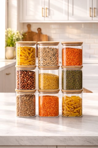Porsima 5-3 Bambu Vakumlu Kapaklı Kare Borsilikat Cam 9lu Kavanoz Seti Saklama Kabı 750ml 7,5x15cm Ahşap - Şeffaf