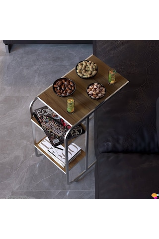 Modilayn C Yan Sehpa Dar Boy Tekerlekli Çalışma, Atıştırmalık, Yemek, Laptop Sehpası Ceviz Kahverengi