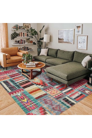 Brandi Desenli Kadife Pamuk Tabanlı Yıkanabilen Kaydırmaz Antibakteriyel Salon Halısı 120x180 Çok Renkli