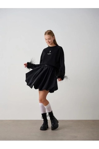 Kız Çocuk Kol Ucu Tüylü Tasarım Sweatshirt-14784 Siyah