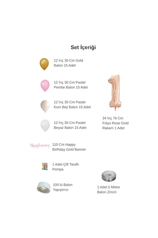 9 Yaş Pompa Hediyeli Doğum Günü Seti Banner Gold Pembe Kum Beji Beyaz Balonlar Rose Gold Rakam Çok Renkli