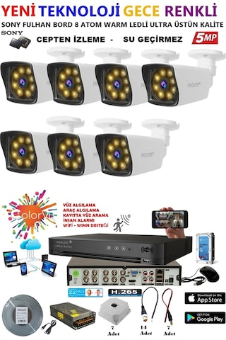7 Kameralı Gece Renkli 8 Adet Warm Ledli Yeni Nesil 5 Mp Kuruluma Hazır Güvenlik Kamerası Seti
