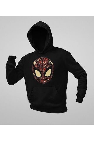 Sevbano Tasarım Spider-man Maske Baskılı Unisex Oversize Marvel Hoodie Siyah