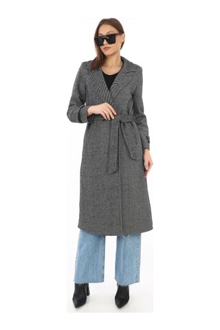 Kadın Balık Sırtı Kaşe Kaban Uzun Boy Kruvaze Yaka Kuşaklı Astarlı Kışlık Tesettür Kaban, Yünlü Do Füme