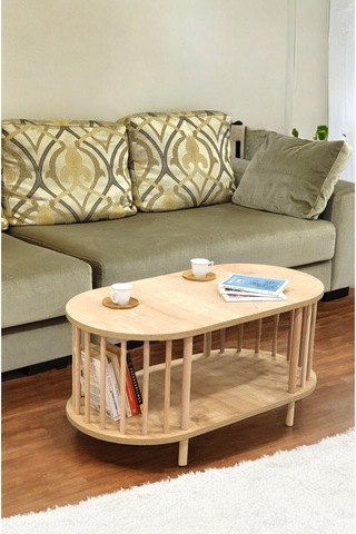 Orta Sehpa Ahşap Ayaklı Sehpa İki Raflı Sehpa Dekoratif Sehpa Gazetelikli Safir Meşe