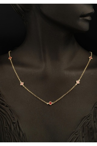 Bilezikci Kırmızı Yoncalı 14 Ayar Altın Kolye Bileklikli Set