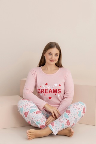 Rindahomewear Büyük Beden Sweat Dreams Süprem Uzun Kol Pijama Takımı Pembe