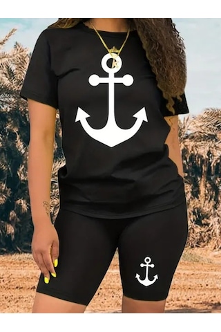 Soonaksesuar Kadın Kısa Kollu Çapa Baskılı Viskon Ikili Takım Siyah