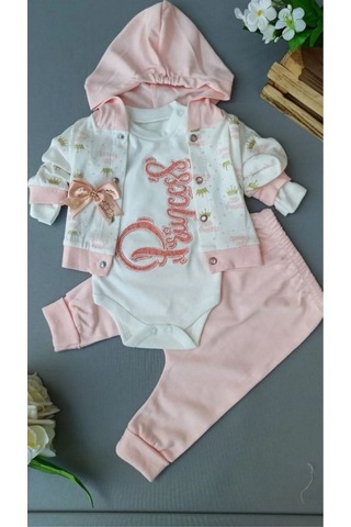 Kız Bebek Kapşonlu Hırkalı Takım 3lü Pembe
