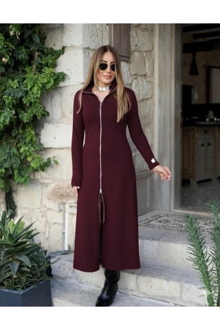 Efnaz Style Kadın Uzun Kollu Önden Fermuarlı Maxi Viskon Iki Iplik Elbise Bordo