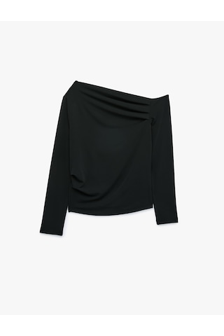 Koton Slim Fit Drapeli Asimetrik Kesim Uzun Kollu Tek Omuz Tişört Siyah 7wak50088ek