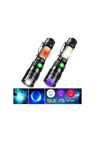 Youmex Usb Şarjlı Işıkli Uv Ateşböceği Tespit Led El Feneri, 7 Fonksiyonlu, Su Geçirmez, Cob Işık Kaynağı + Usb Kablosu + Li-pil Çok Renkli