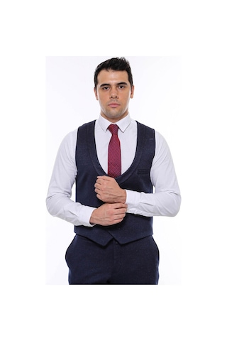 Desenli Kruvaze Koyu Lacivert Erkek Yelek Pantolon Set - Wessi