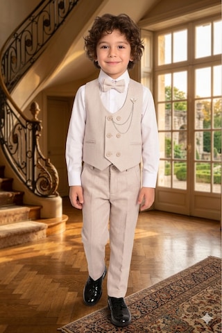 Baby Kids Colors Erkek Çocuk Smokin Takım Elbise 6 Düğmeli Yelekli Papyonlu Zincirli 4'lü Takım Bej
