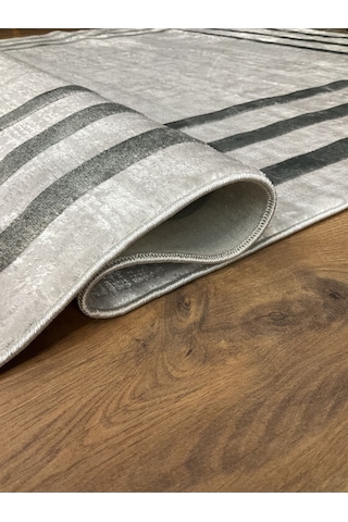 Saraz Halı Çerçeve Model Bambu Yıkanabilir Parlak Halı Gri Çizgi Gri-gri